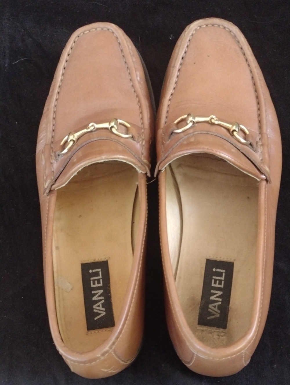 Vaneli Tan Leather Slip-On Loafers with Gold Bit